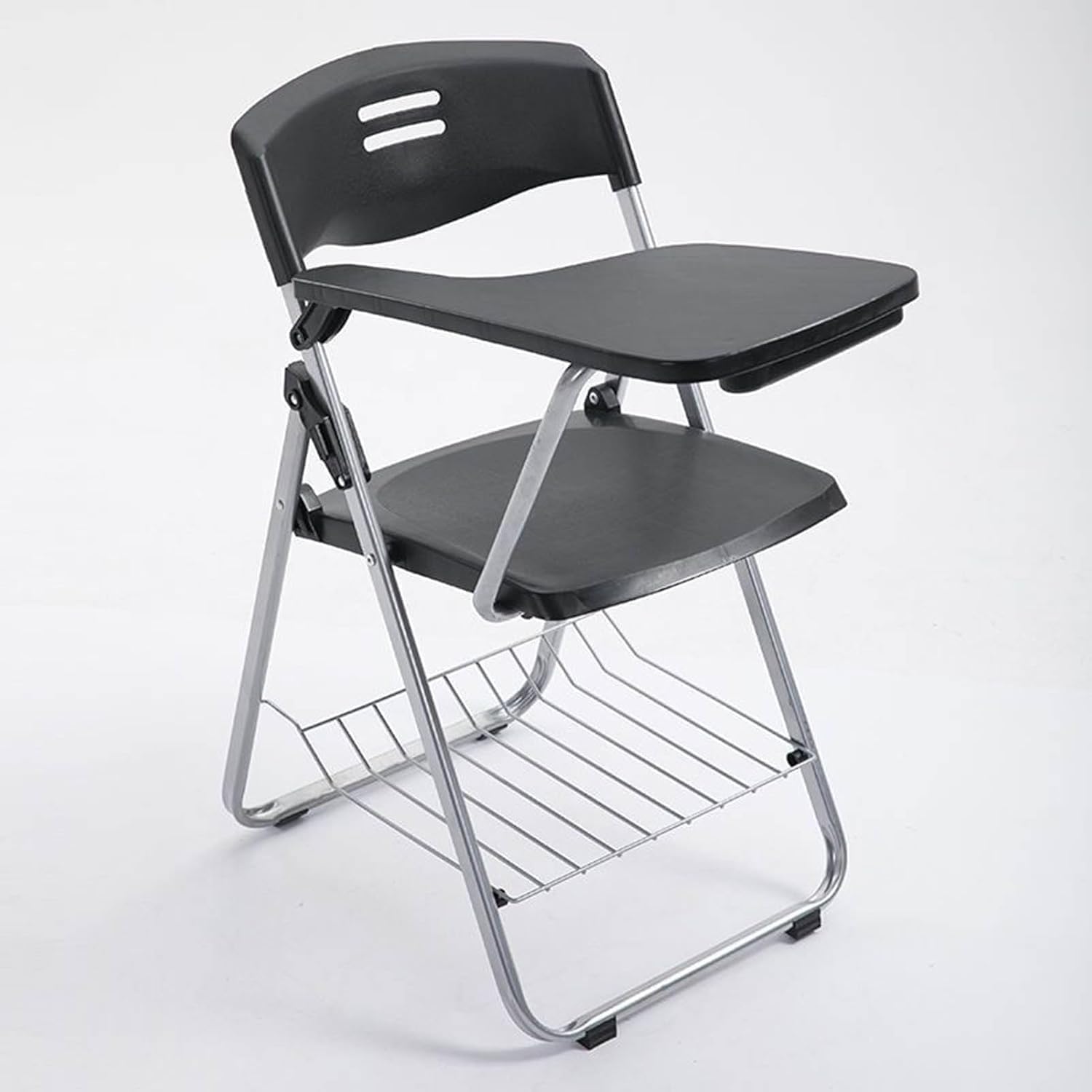 Stackable Folding Plastic Conference Chair with Tablet Arm Mesh Backrest and Padded Seat Ideal(Black with Writing Board+Frame)