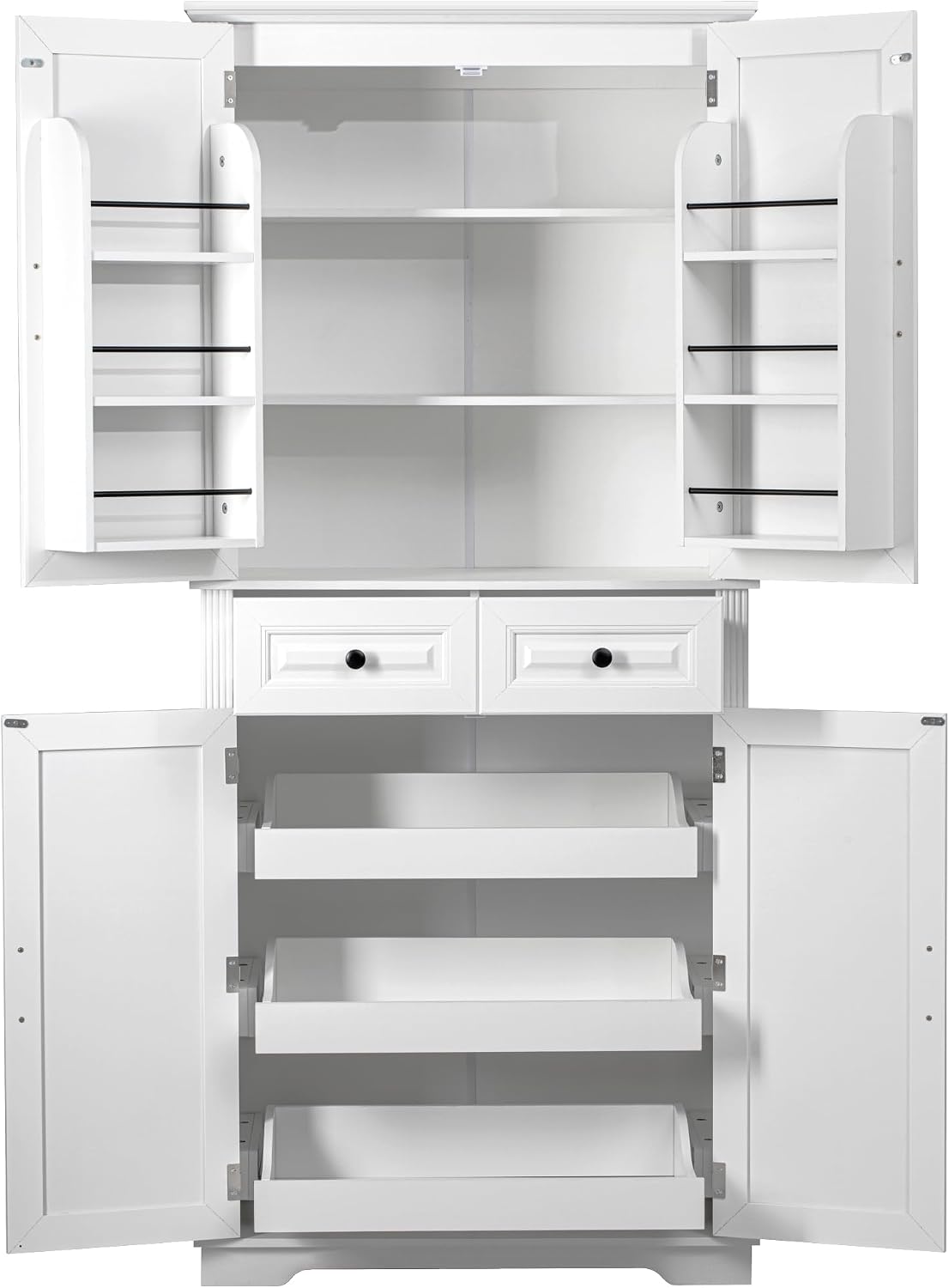 Kitchen Pantry with 3 Pull Out Cabinet Organizers, Farmhouse Freestanding Storage Cabinet with 6 Door Shelves and 2 Drawers for Kitchen, Dining Room (White)