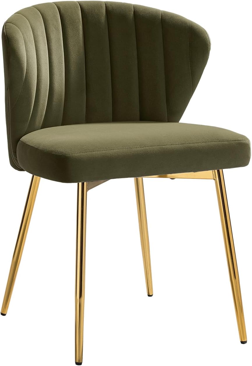 HULALA HOME Velvet Dining Chairs, Modern Small Armless Accent Chair with Gold Metal Legs, Living Room Upholstered Cute Side Chair, Elegant Tufted Back Vanity Chair for Bedroom, Moss