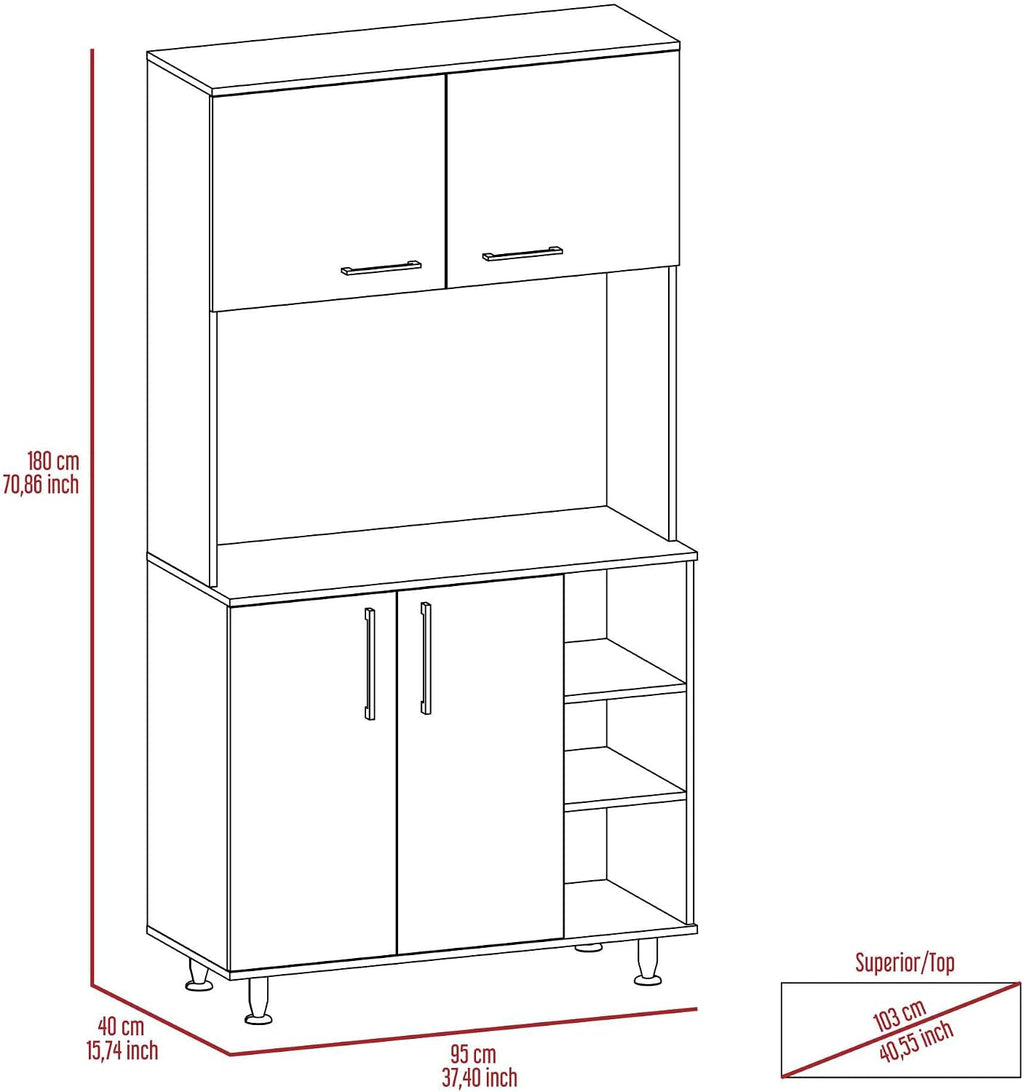 Kitchen Pantry Double Door Cabinet, Four Legs, Three Shelves, White