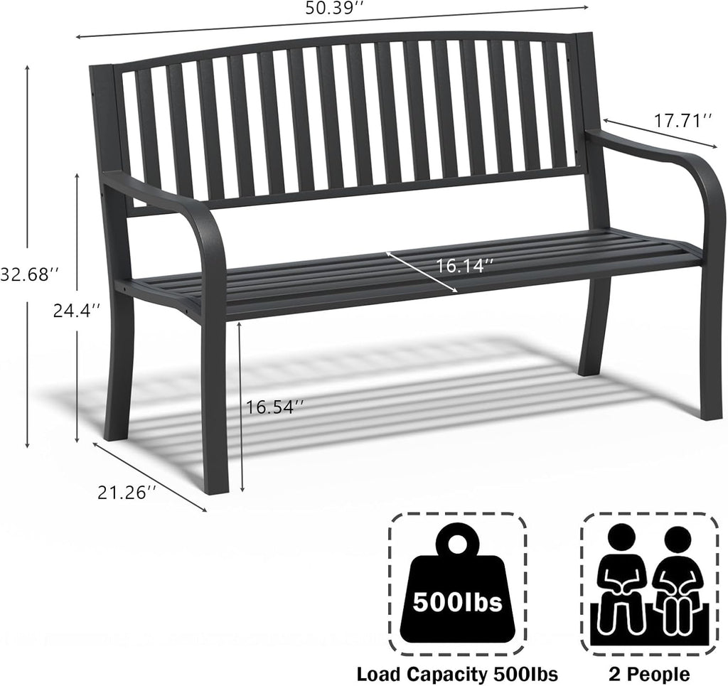 SHGJ&SOFT 50'' Outdoor Bench, Garden Bench, Outdoor Metal Frame Patio Park Bench with Backrest and Armrests,for Porch, Lawn,Garden,Yard (BK-08)