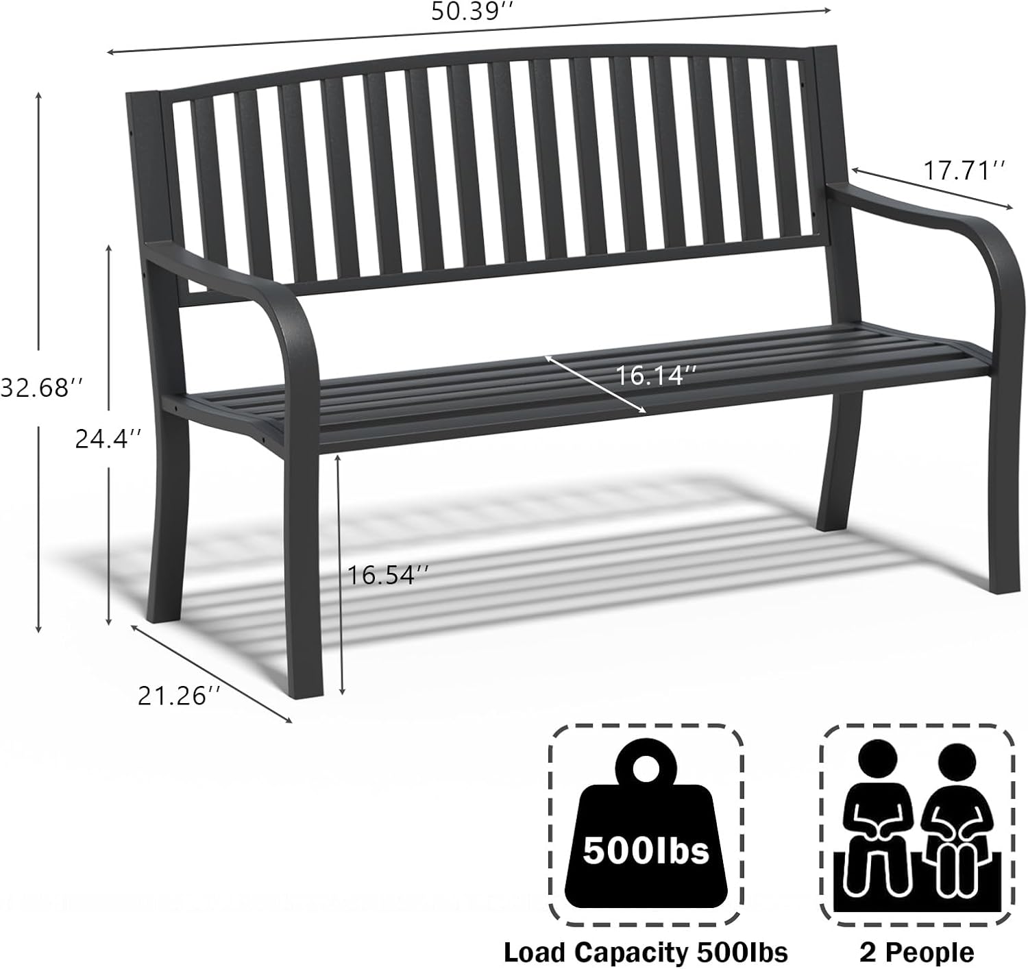 SHGJ&SOFT 50'' Outdoor Bench, Garden Bench, Outdoor Metal Frame Patio Park Bench with Backrest and Armrests,for Porch, Lawn,Garden,Yard (BK-08)
