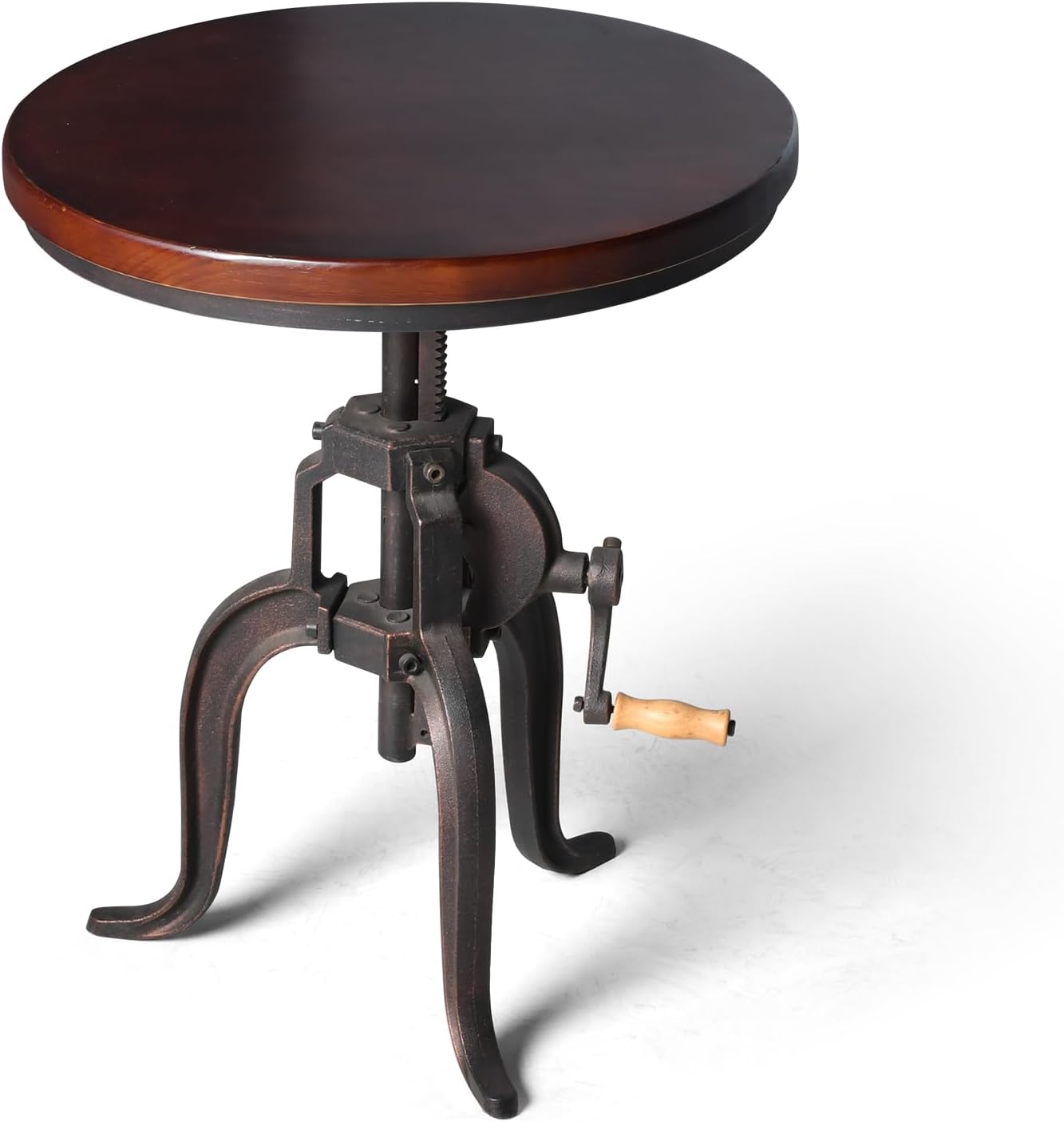 Topower Industrial Retro Side Table Antique Mechanic Crank Height Ajustable Black Walnut Wood Top Three-Legged Farmhouse Accent End Table Copper