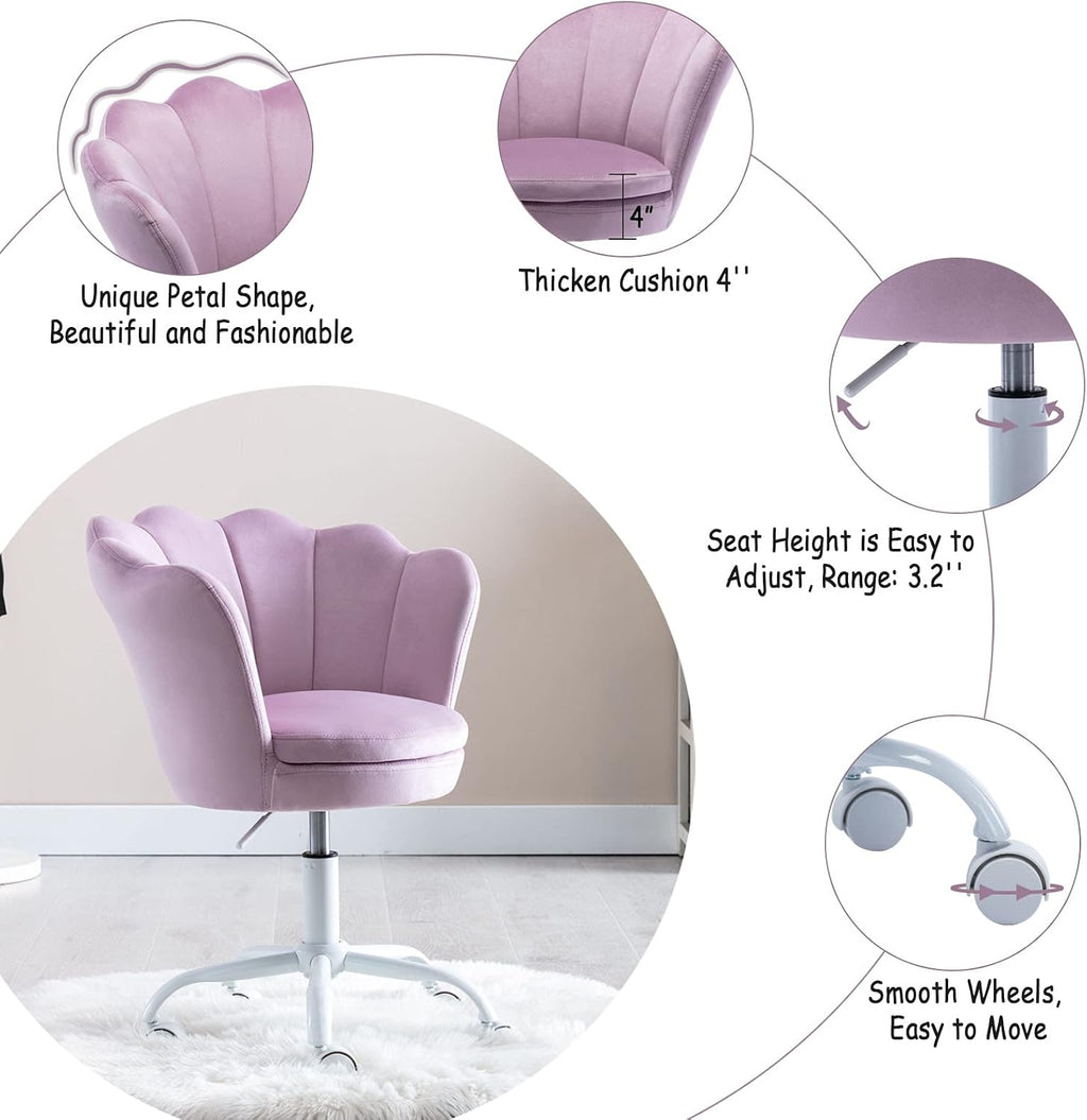 Cute Kids Desk Chair, Velvet Adjustable Ergonomic Chair for Students, Modern Upholstered Swivel Rolling Vanity Chair Child Computer Chair for Girls Bedroom/Study Room/Make Up, Light Purple