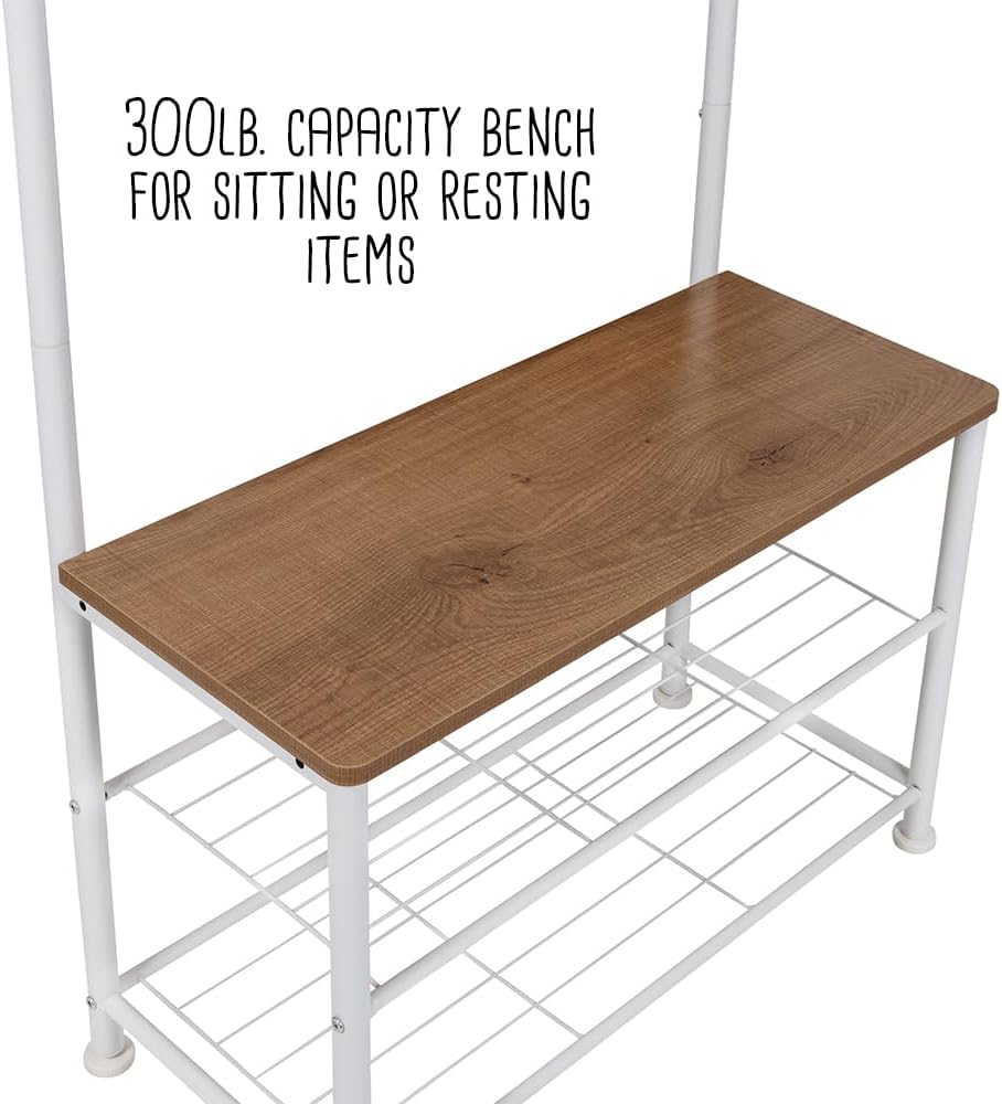 Honey-Can-Do Entryway Hall Tree with Bench and Shoe Storage, White/Walnut SHF-09603 White, 300 lbs