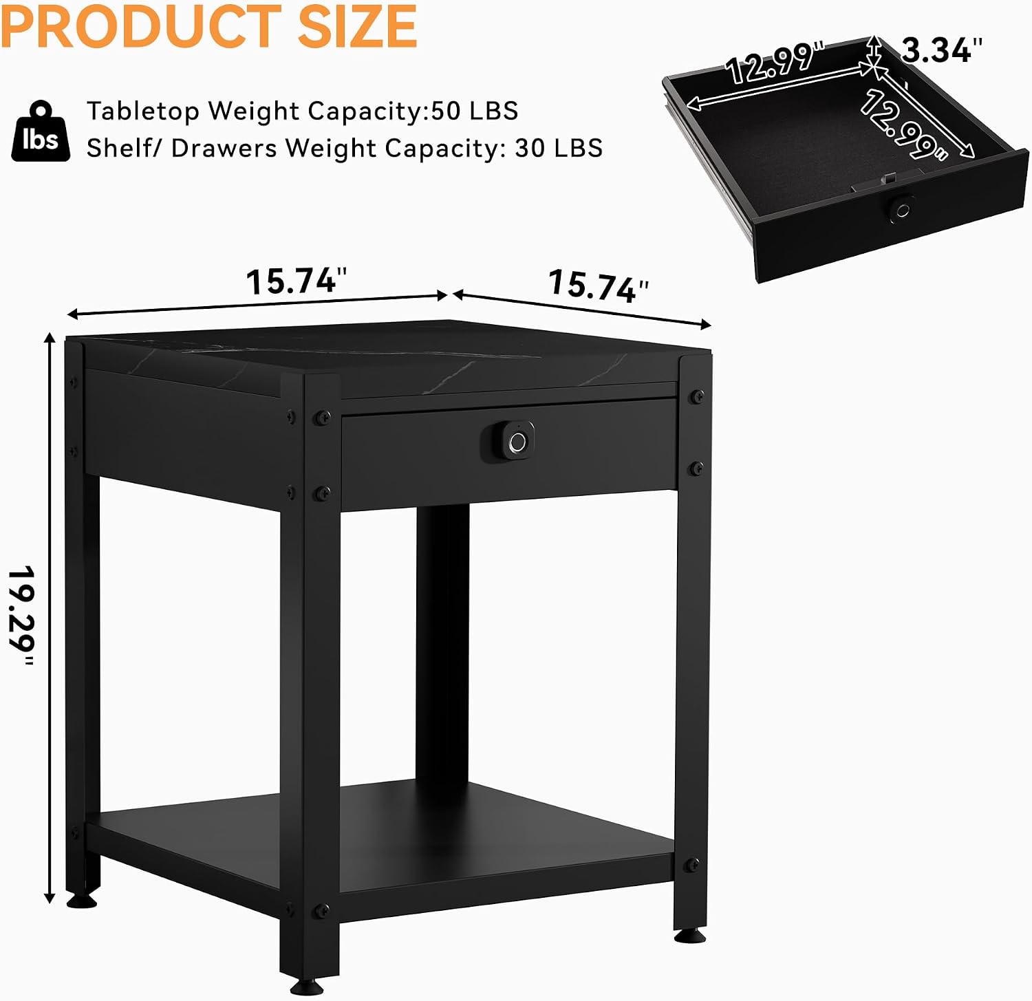 Modern End Table with Hidden Locking Compartment, Nightstand with Biometric Fingerprint Lock Drawer, Side Table with Open Shelf, Waterproof Top, for Bedroom & Living Room, Black
