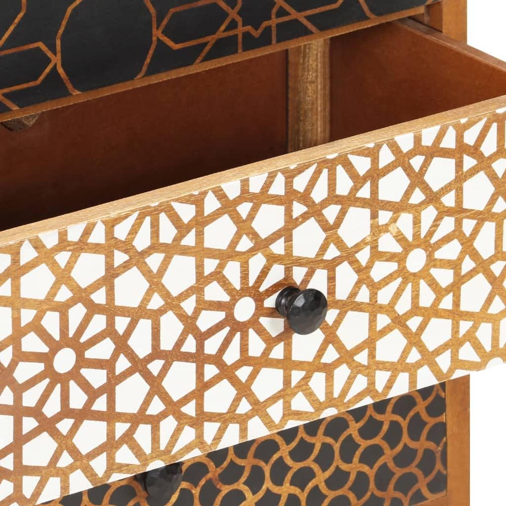 Mid-Century Modern Sideboard with Six Drawers, Solid Mango Wood and MDF Construction, Brown Lacquered Finish with Geometric Printed Patterns, Ample Storage for Dining