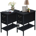 VECELO End Tables,Narrow Nightstand with Drawers and Storage Shelf,Modern Night Stand for Small Spaces, Living Room,Bedroom，Black