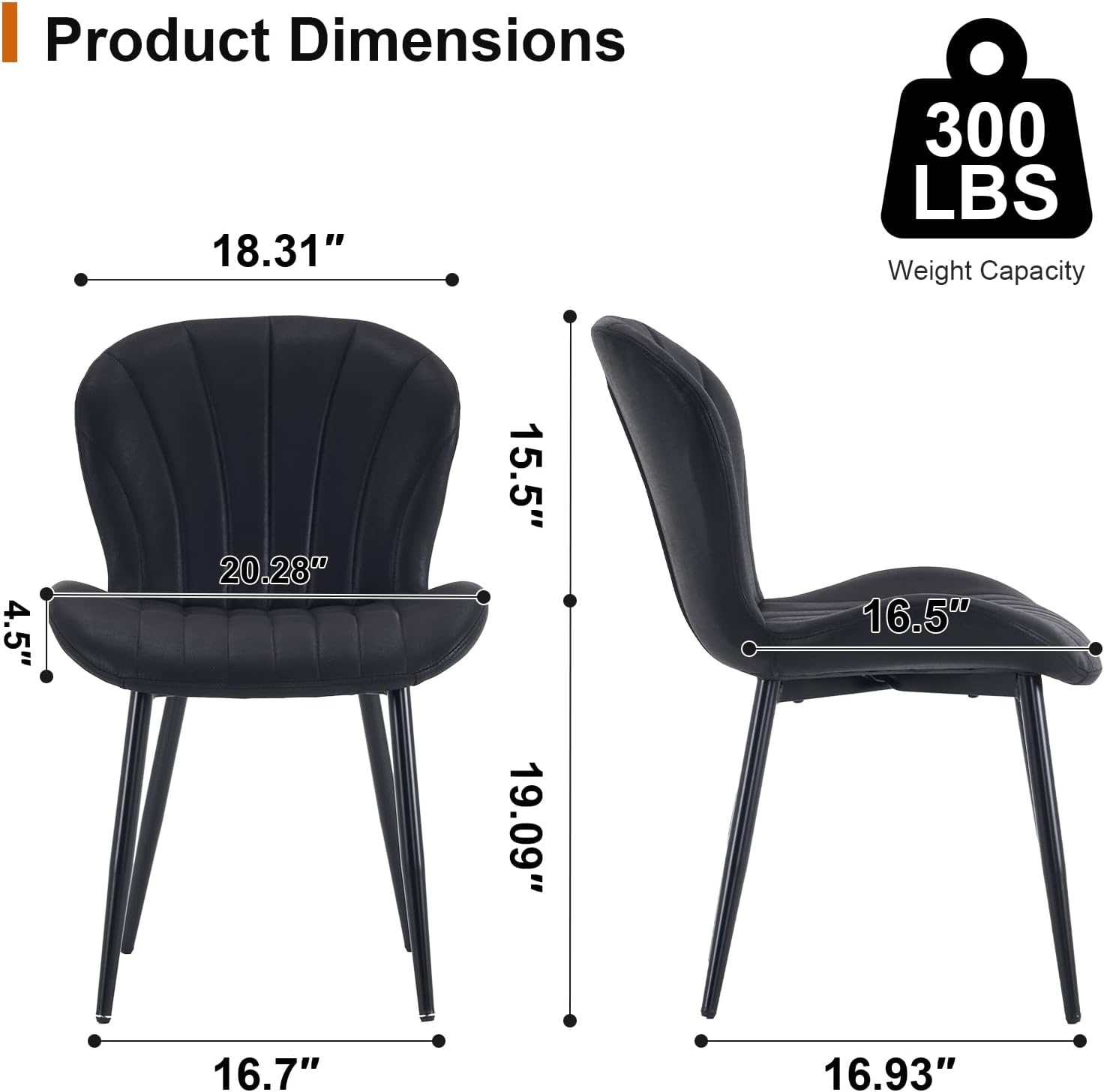 Fabric Dining Chairs Set of 4, Mid Century Modern Kitchen Chairs with Padded Cushion Seat and Metal Legs for Dining Room, Comfy Breathable Upholstered Side Accent Chairs, Black