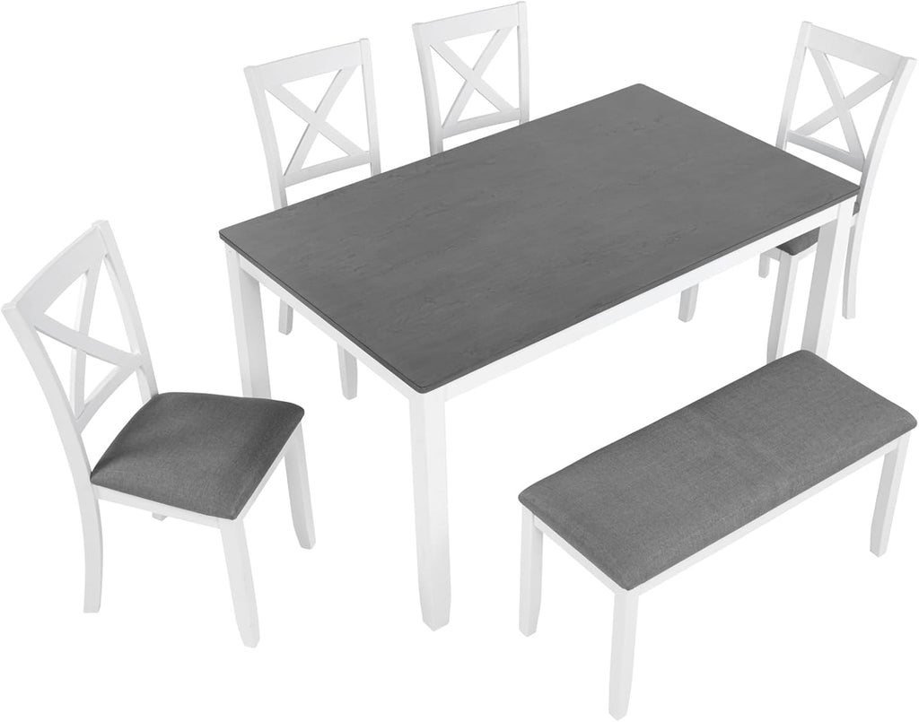 Bellemave 6-Piece Dining Table Set for 6 Rectangular Kitchen Table Set with 4 Dining Chairs and Bench, 6 Person Dining Room Set for Kitchen, Dining Room (White+Gray)