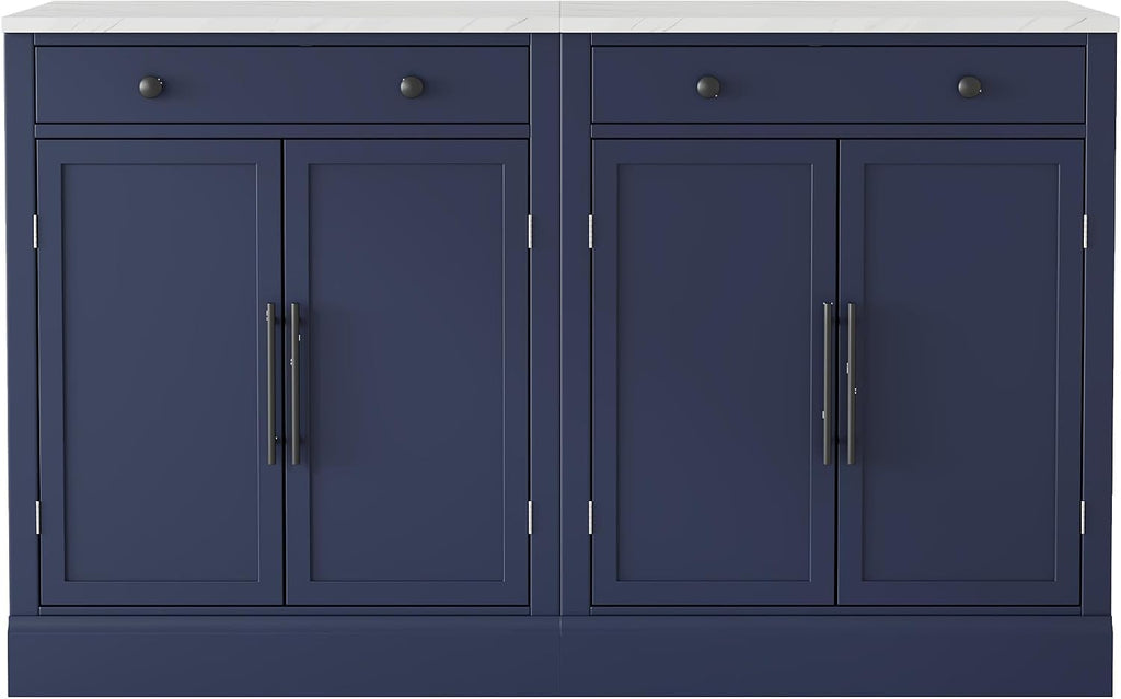 SOFTSEA Modern Freestanding Kitchen Pantry with 2 Door Shelves, Sideboard Buffet Cabinet with Drawer, Coffee Bar Cabinet with 2 Adjustable Shelves for Dining Kitchen Living Room, Set of 2, Blue