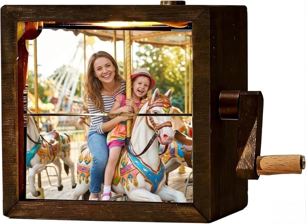 Custom Flip Photo Book, Personalized 8 or 16 Photo Flip Box Frame Animation Machine, Custom Hand-crank Flipbook Box Album with Light, Music, Gifts for Mothers Day Birthday (Walnut)