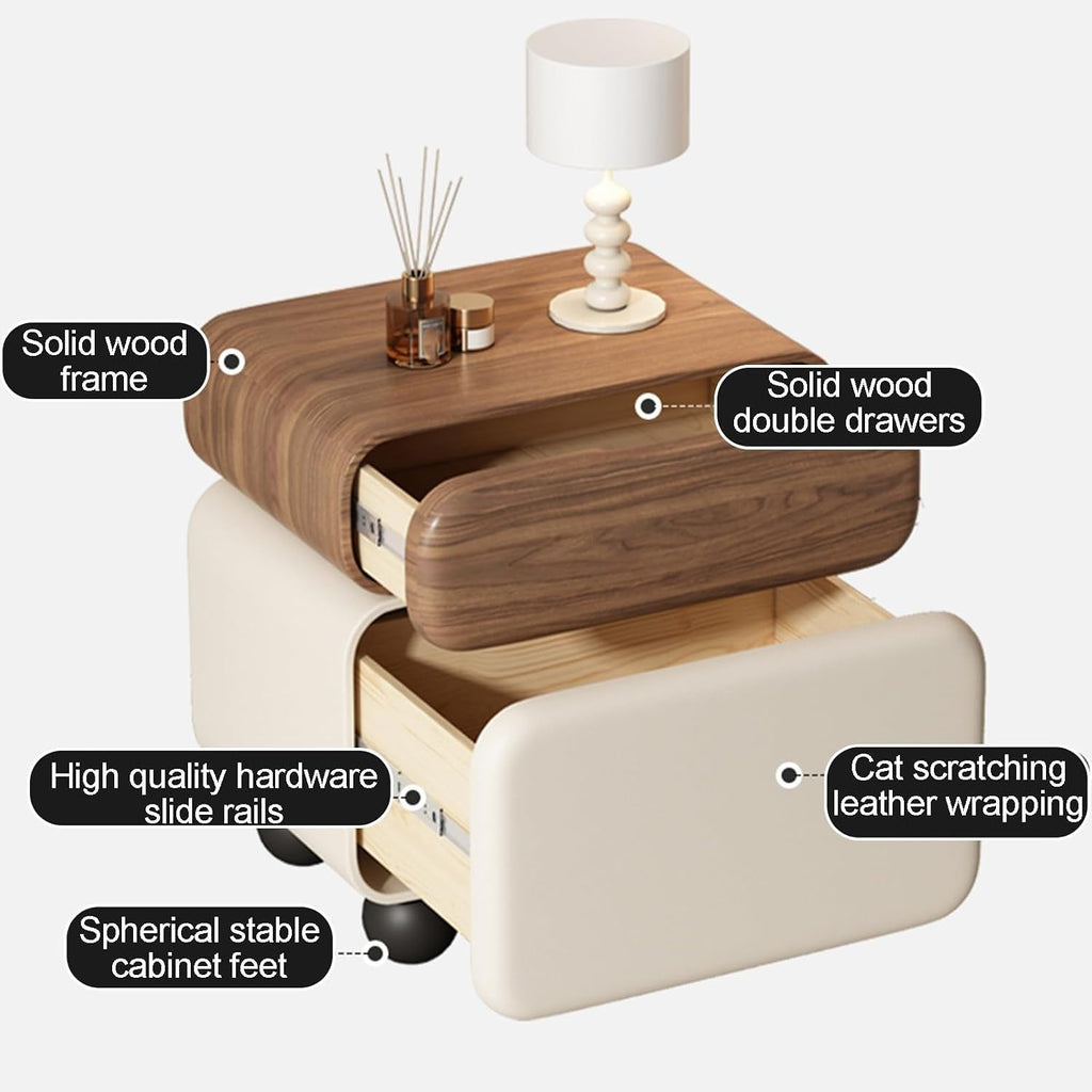 Stylish Rotatable Solid Wood Bedside Table Double Drawers Storage Cabinet with Rounded Corners Ball Feet for Living Room Creative idea(Brown Khaki,40 cm)
