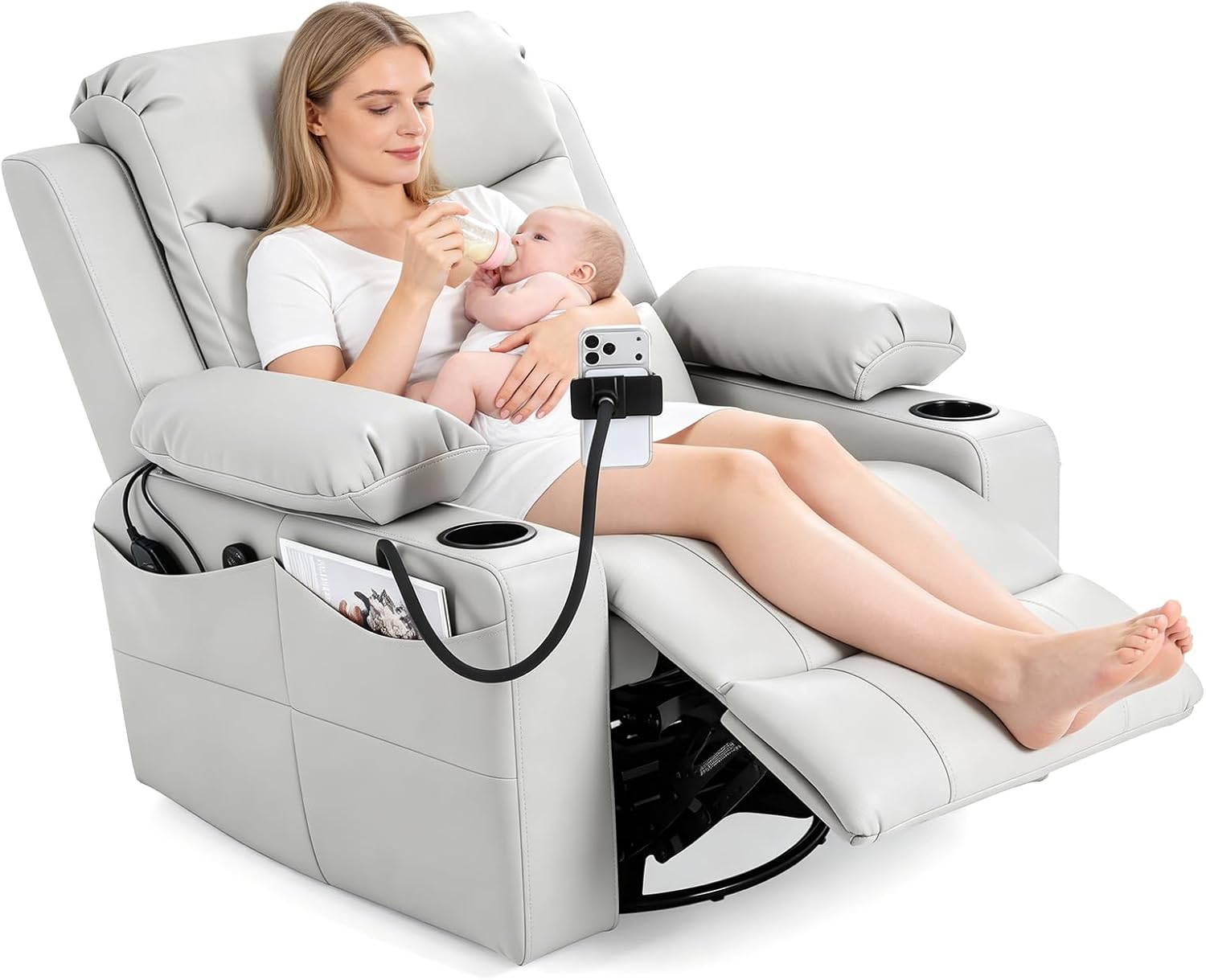 Electric Nursery Recliner Chair, Triple Motor Power Glider, 270° Swivel Rocking Chair with Adjustable Armrests, 8-Point Massage & Lumbar Heating, Phone Holder & Storage, Upholstered Nursing Chair