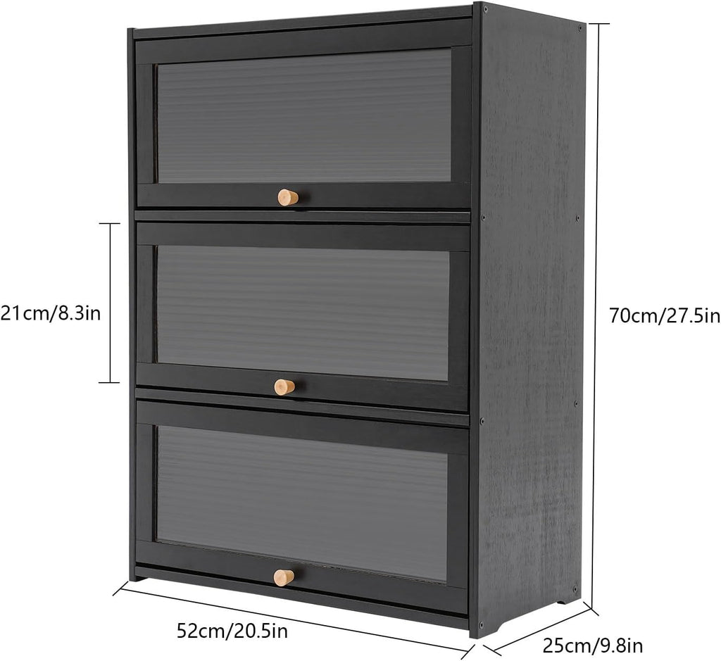 3 Tier Kitchen Pantry Storage Cabinet with with 2 Sliding Striped Glass Doors Console Dining Cupboard Modern Freestanding Bamboo Sideboard for Dining Room Kitchen Black (20.5x9.8x27.5inch)