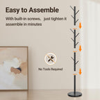 ELYKEN Coat Rack Freestanding with Natural Marble Base, Metal Coat Rack Stand with 10 Hooks, 3 Adjustable Size Coat Tree for Bags, Clothes, and Hats for Entryway, Bedroom, Hallway, Office, Black