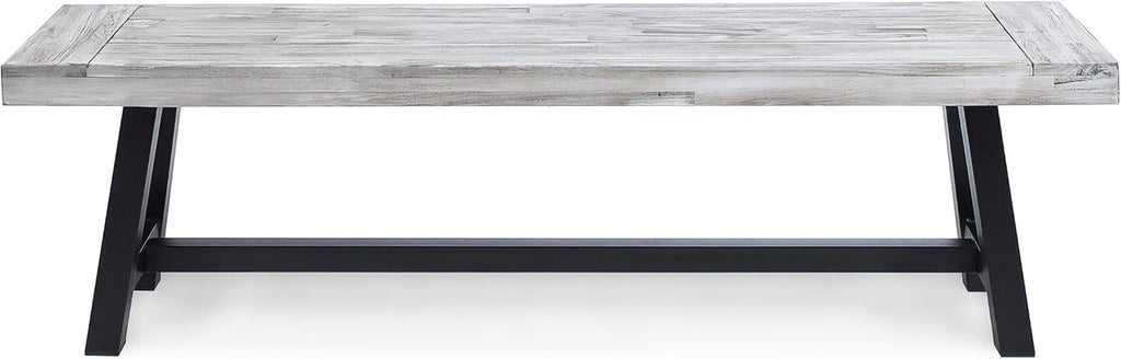 Light Grey Sandblast Finish Acacia Wood Dining Bench with Black Rustic Metal Finish Frame