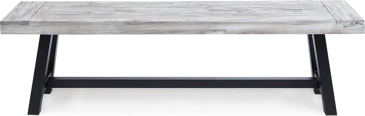 Light Grey Sandblast Finish Acacia Wood Dining Bench with Black Rustic Metal Finish Frame