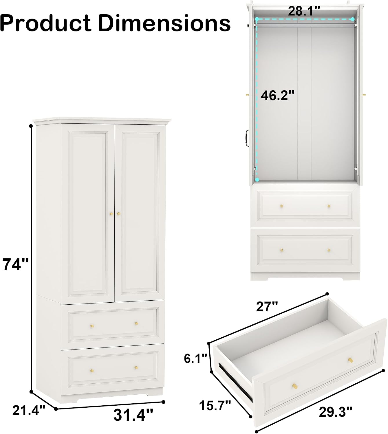 Bedroom Armoires Wardrobe Closet with 2 Doors: 74" White Wardrobe Cabinet with 2 Drawers, Modern Wood Closet for Hanging Clothes, Large Wardrobes Storage Closets (White, 31.4")