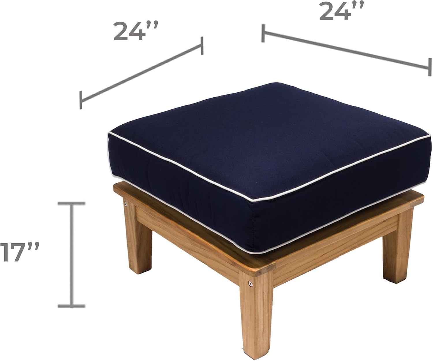 Royal Teak Collection Miami Outdoor Ottoman with Seat Cushion, Wooden Patio Ottoman Chair, Teak Wood Foot Stool, Deep Seating Cushioned Outdoor Furniture, Navy