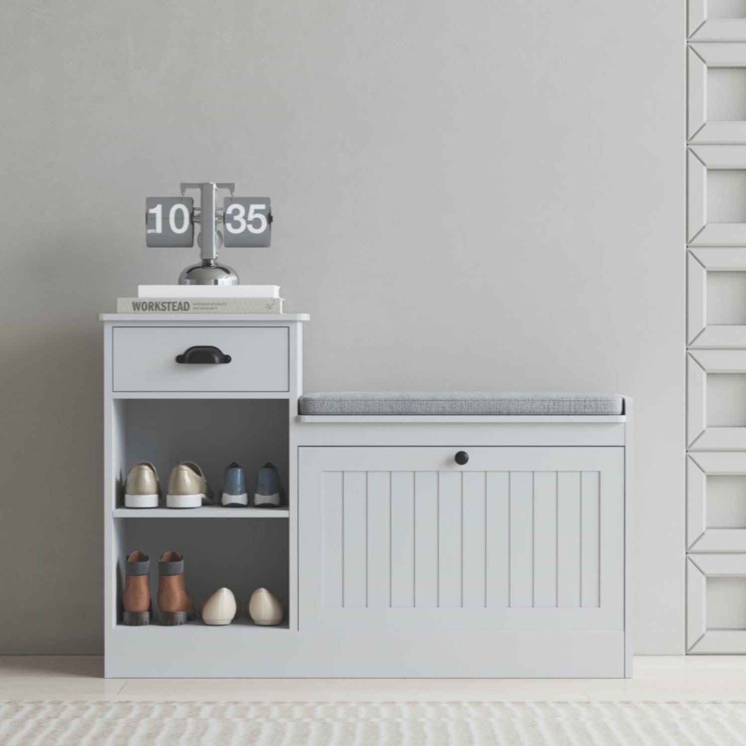 Shoe Storage Bench, Modern Wooden Shoe Cabinet with Flip Drawer and Adjustable Shelf, Entry Way Bench with Padded Seat Cushion for Entryway, Hallway, Living Room,Pebble Grey
