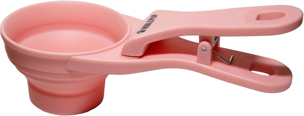 MeasureMate Pet Food Scoops with Bag Clip for Dog and Cat - 3-in-1 Multi-Function Collapsible Food Measuring Cup - 1/2 Cup Capacity, 4oz, Pink - Dishwasher Safe