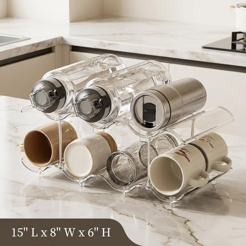Stackable Water Bottle Storage Organizer, Clear Freestanding Wine Bottle Holder for Cabinet, Tumbler Cup Organizer,Plastic Large Compartment Wine Rack for Fridge Cellar (Transparent-2)