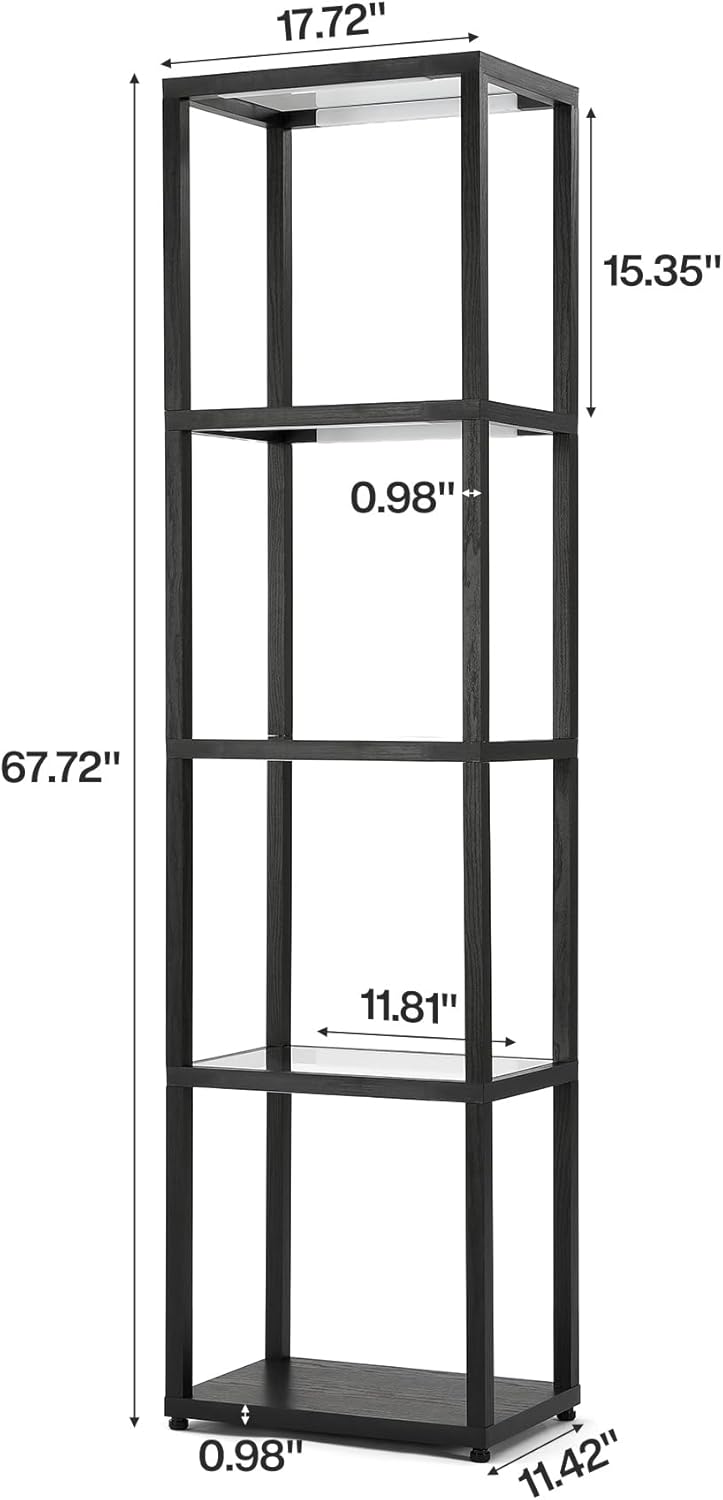 Tribesigns Display Shelf Floor Lamp with Shelves, Modern Black Glass Display Cabinet with Remote & 3 CCT Dimmable LED, Tall 5-Tier Wooden Conner Open Bookshelf Lamp for Bedroom Office Living Room