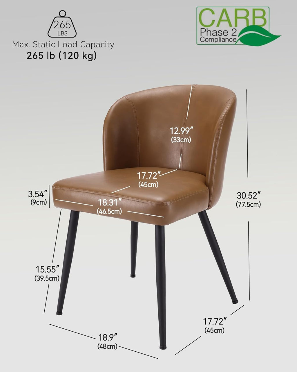 Susalt Dining Chairs Set of 2, Upholstered Kitchen Chairs with Faux Leather Cushion Seat and Metal Legs, Mid Century Modern Dining Room Chair for Kitchen, Living Room, Easy Assembly, Brown