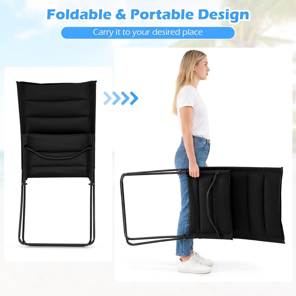 Set of 2 Folding Outdoor Chairs, Portable Padded Sling Lounger for Beach, Garden, Patio, Lawn, Poolside - Comfortable Recliner in Black Black 90 x 57 x 87cm