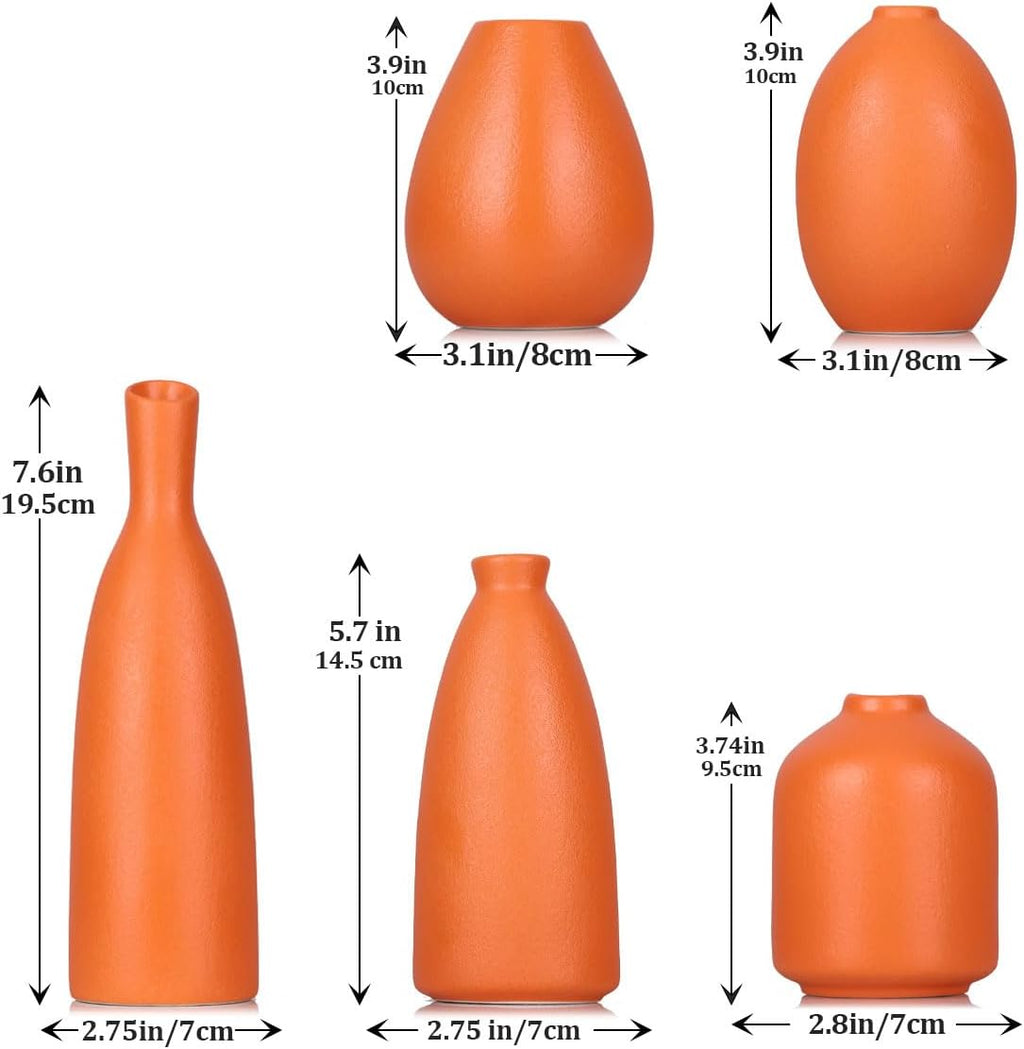 Orange Ceramic Small Vase Set of 5 - Modern Orange Decor Small Bud Vases for Floral Arrangements, Centerpieces for Weddings, Dinner Parties, Table Settings, Foyer, Bathroom Decorations