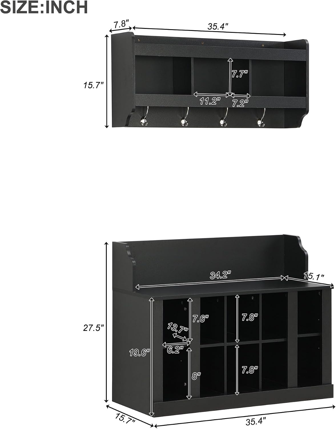 Shoe Storage Bench with Shelves and 4 Hooks, Elegant Hall Tree with Shoes Cubbies and Wall Mounted Coat Rack, Entryway Organizer For Hallway, Foyer, Mudroom, Black