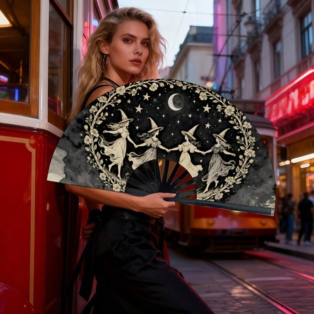 Large Folding Hand Fan, Black, Dancing Witches Design, Moon and Stars Theme, Halloween Costume Accessory