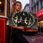 Large Folding Hand Fan, Black, Dancing Witches Design, Moon and Stars Theme, Halloween Costume Accessory