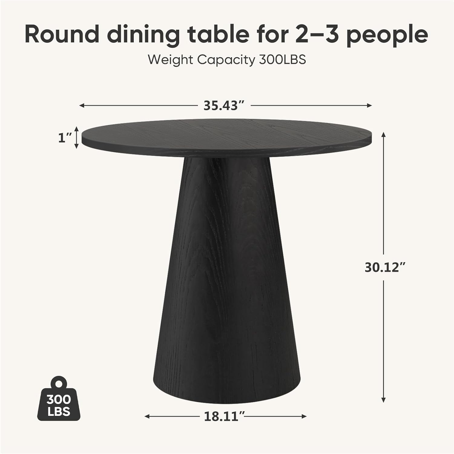 Comfy to go 35" Round Dining Table Wood for 2-3, Modern Farmhouse Kitchen Table with Concrete Pedestal Base, Small Circle Dining Table for Kitchen Living Room (Black)