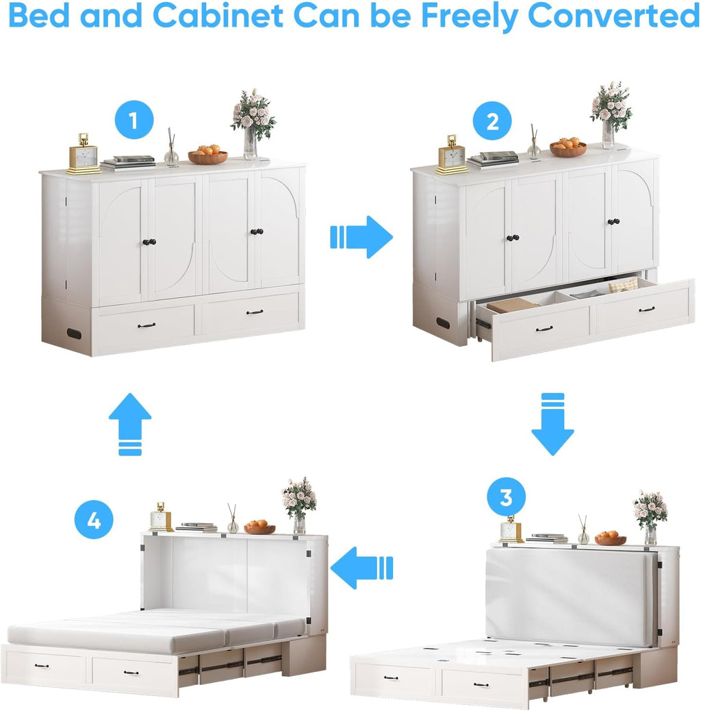 Mjkone Queen Size Murphy Bed Cabinet with Mattress Included, USB Charging Station, Storage Drawer, Panel, 63.39" Width Chest Cabinet Murphy Beds for Guest Room Small Spaces Saving Home Offices, White