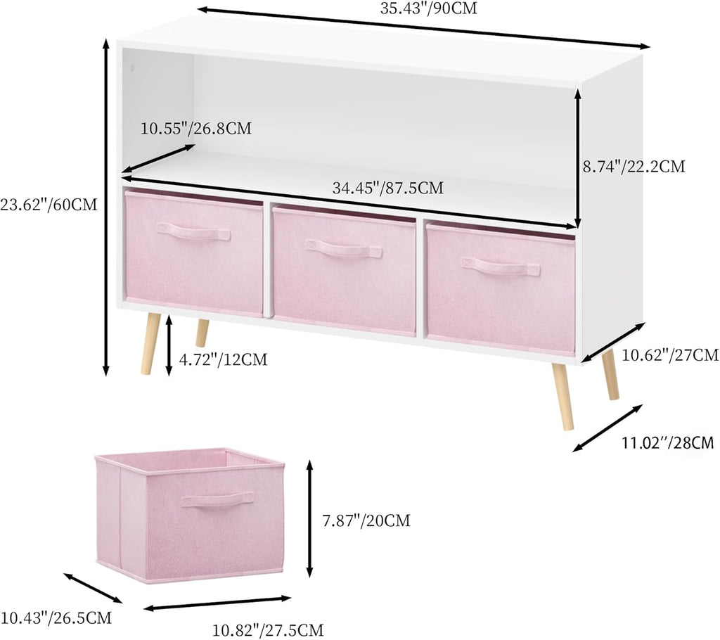 PVWIIK Kids 2-Tier Bookcase with Collapsible Fabric Drawers,Toy Storage Cabinet Organizer,Book Display Storage Cabinet Organizer,Cute for Playroom Livingroom,White/Pink