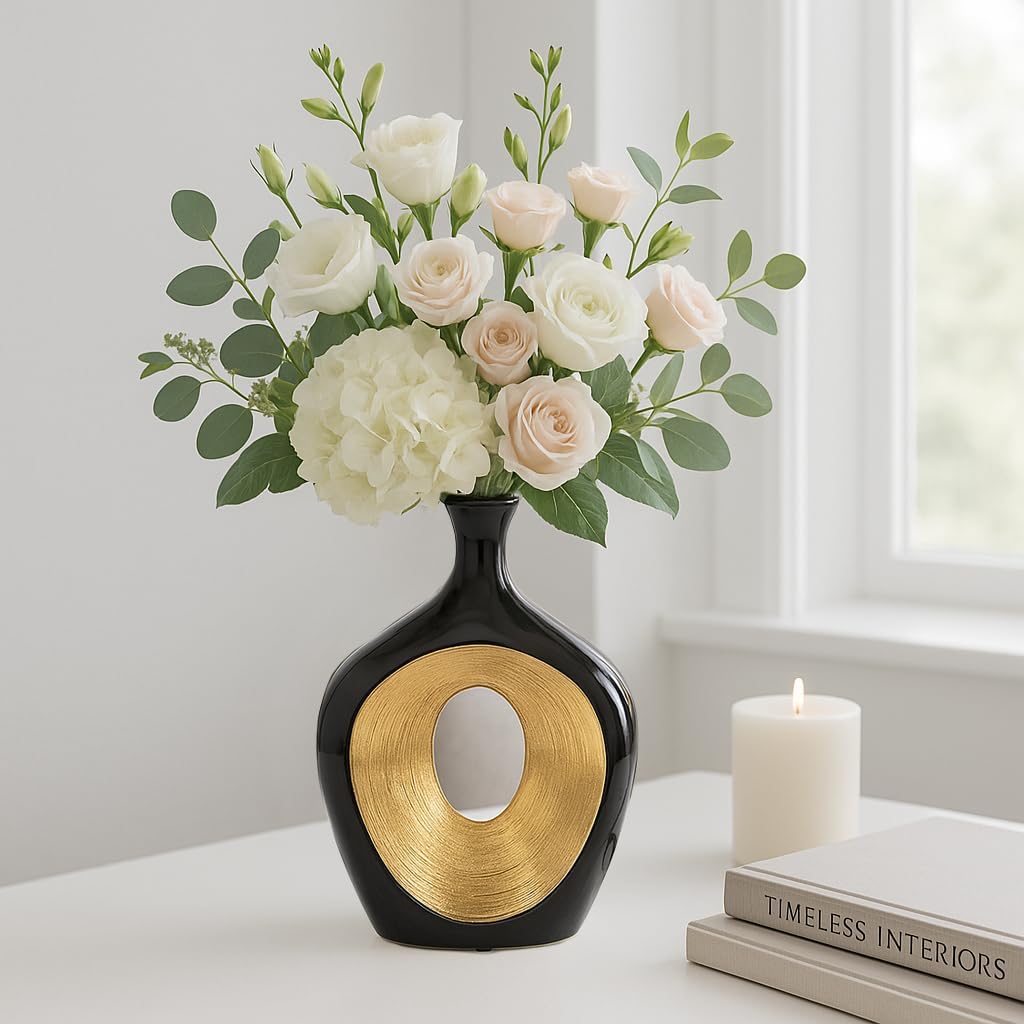 Ceramic Vase - Decorative Flower Holder for Table Decor and Centerpieces, Living Room, Office, or Entry Console, Modern Home Decor, Hollow Centerpiece Sculpture – 13", Black and Gold Finish