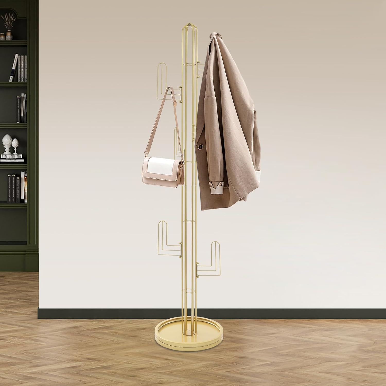 Cactus Shape Clothing Stand, Freestanding Coat Rack With 6 Hooks, 22 lbs Capacity Modern Metal Coat Racks with Round Base for Entry Hallway Bedroom Hats Bags Umbrellas (Gold)