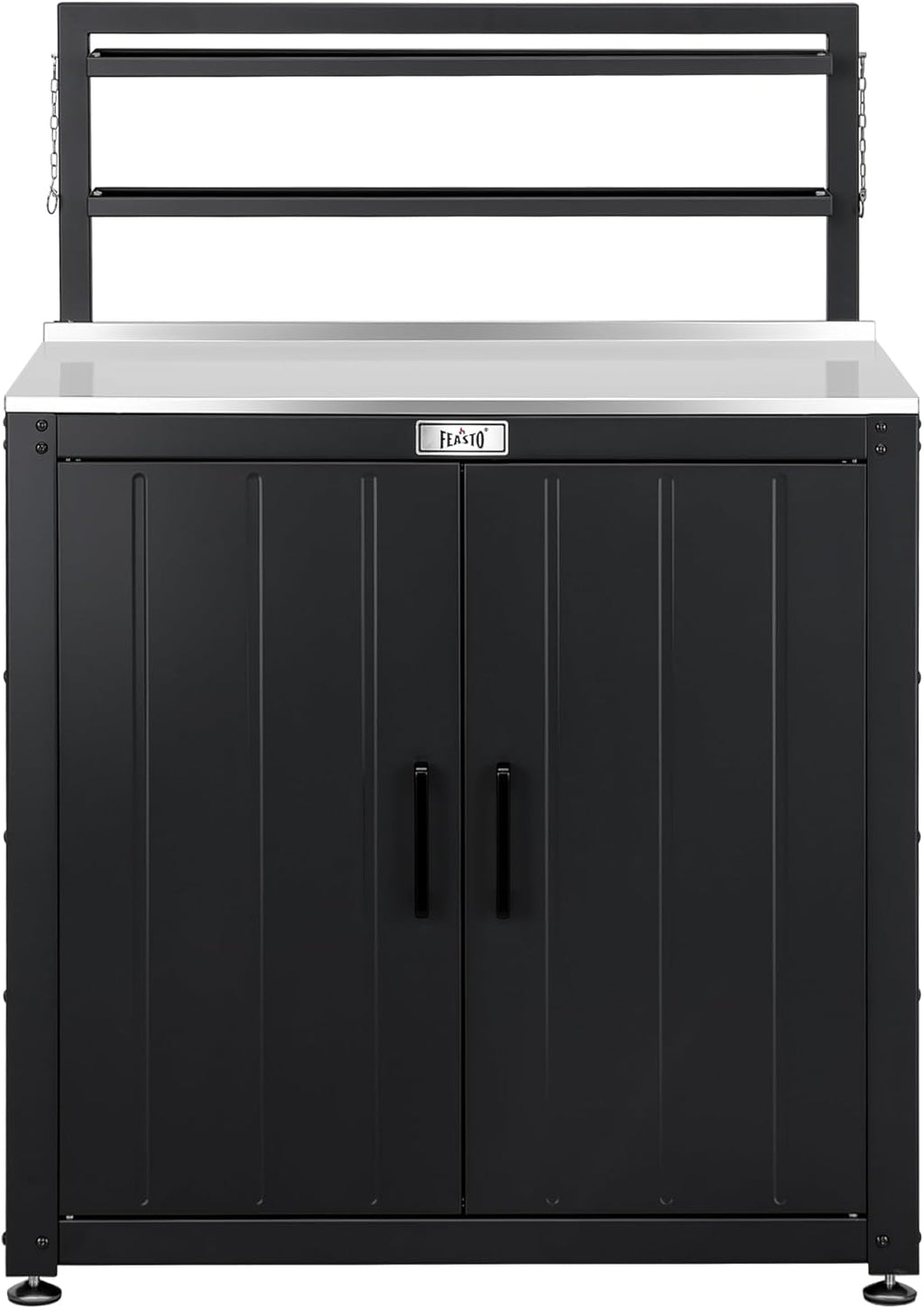 Feasto Outdoor Potting Bench Table with Storage Cabinet, Black | Stainless Steel Garden Workstation, Raised-Edge Top, Adjustable Shelf & Removable Hutch, Patio, Balcony & Outdoor Workspace