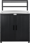 Feasto Outdoor Potting Bench Table with Storage Cabinet, Black | Stainless Steel Garden Workstation, Raised-Edge Top, Adjustable Shelf & Removable Hutch, Patio, Balcony & Outdoor Workspace