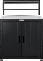 Feasto Outdoor Potting Bench Table with Storage Cabinet, Black | Stainless Steel Garden Workstation, Raised-Edge Top, Adjustable Shelf & Removable Hutch, Patio, Balcony & Outdoor Workspace