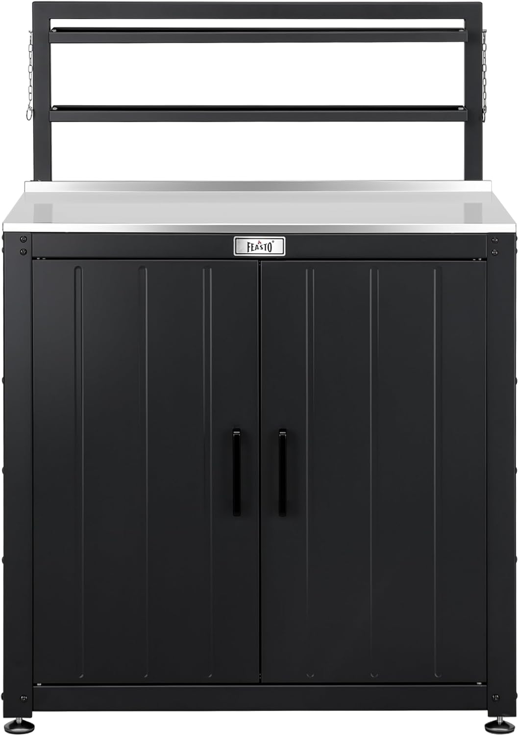 Feasto Outdoor Potting Bench Table with Storage Cabinet, Black | Stainless Steel Garden Workstation, Raised-Edge Top, Adjustable Shelf & Removable Hutch, Patio, Balcony & Outdoor Workspace