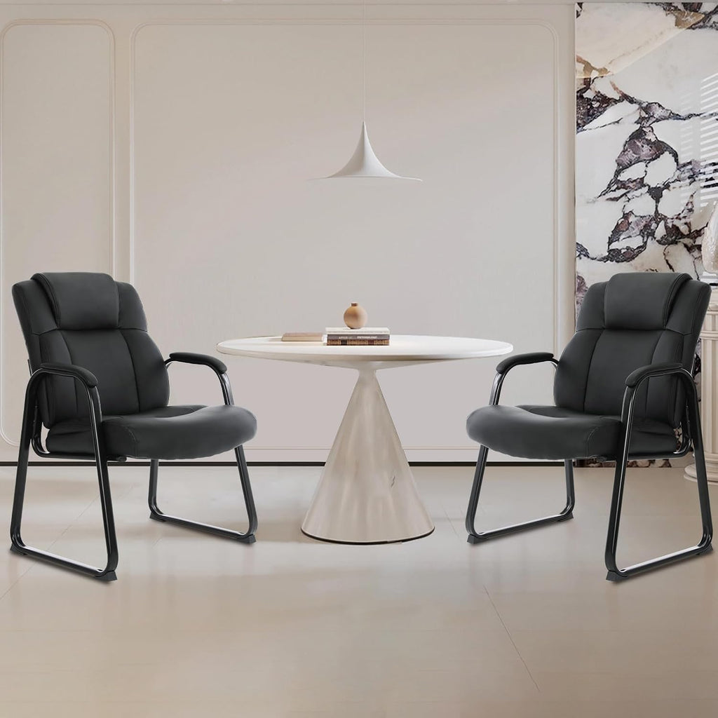 CLATINA Big and Tall Office Chair Set of 8 500lbs Leather Reception Chair with Bonded Padded Armrest Wide Seat Sled Base Desk Chair No Wheels for Reception Conference Waiting Room Side Office, Black