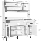 VOWNER Kitchen Hutch Storage Cabinet, Freestanding Kitchen Pantry with 2 Glass Doors and 3 Drawers, Modern Sideboard Buffet Cabinet, Barn Door Coffee Bar Station for Dining Room, Living Room (White)