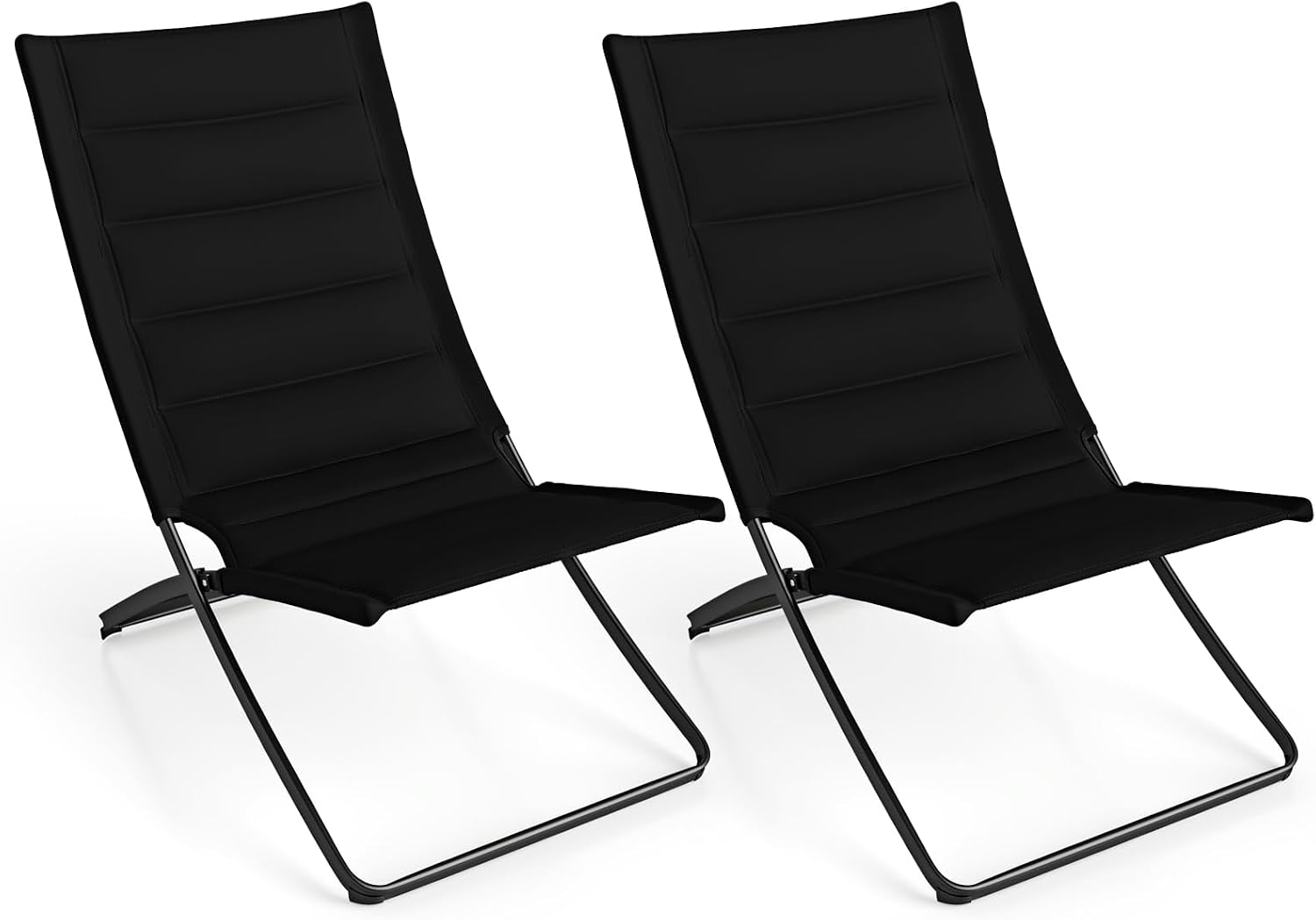 Set of 2 Folding Outdoor Chairs, Portable Padded Sling Lounger for Beach, Garden, Patio, Lawn, Poolside - Comfortable Recliner in Black Black 90 x 57 x 87cm