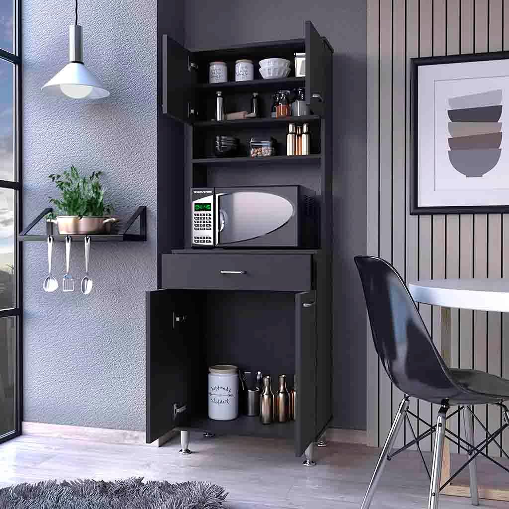 Modern Kitchen Pantry, Black Storage Cabinet with 2 Door Cabinets, 1 Drawer, 4 Adjustable Metal Legs, Easy to Maintain, for Dining Room