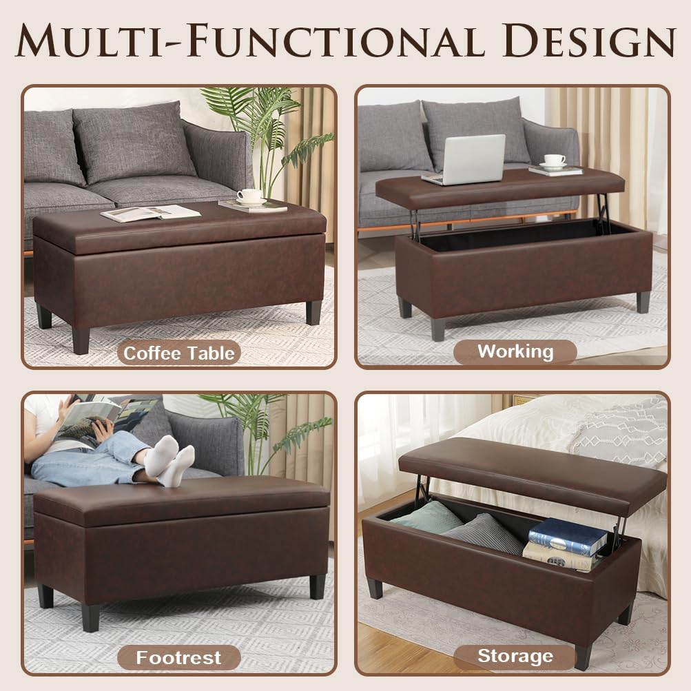 Homebeez 42 Inch Faux Leather Storage Ottoman Bench with Lift Top, Modern Rectangular Foot Rest for Living Room, Bedroom, Entryway, End of Bed, Blackened Red