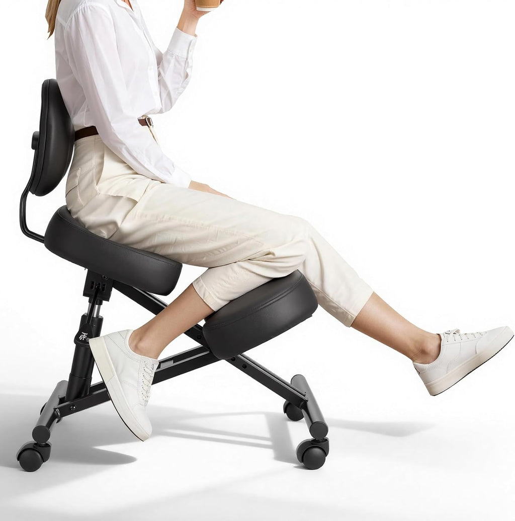 VEVOR Ergonomic Kneeling Chair with Backrest & Wheels, Mobile X-Shaped Posture Knee Chair with Adjustable Height & Thick Foam Cushions, Relief for Neck or Back Pain for Home, Office, Meditation, Black