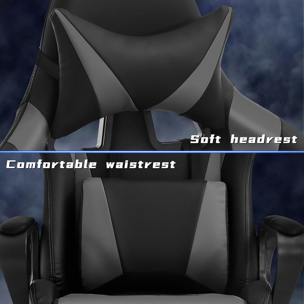 Grey Gaming Chair | Ergonomic High Back Desk Chair Racing Style with Lumbar Support, Headrest & Arms - Heavy Duty Swivel Computer Chair for Office